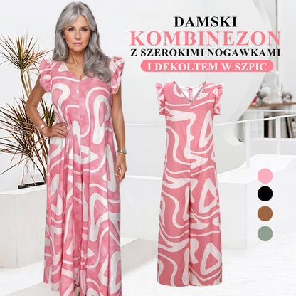 🌸Damski kombinezon cu picioare largi, model geometric și decolteu în V