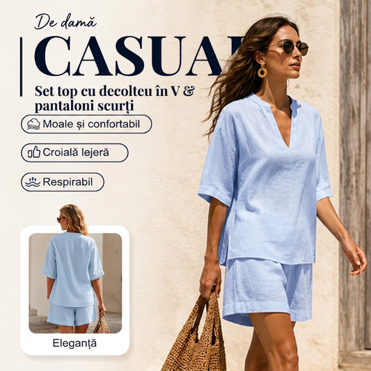 Set scurt de două piese cu decolteu în V, casual pentru femei