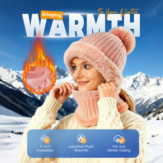 Reducere de 60%🎁Căciulă tricotată din bucată unică pentru femei, cu eșarfă și mască, pentru iarnă