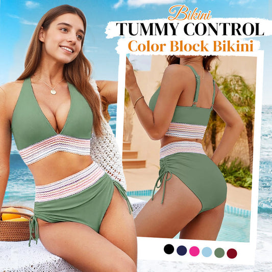 ⛱️ S-4XL 🌺 Seturi de bikini color block cu talie înaltă pentru modelarea burticii 🌈👙