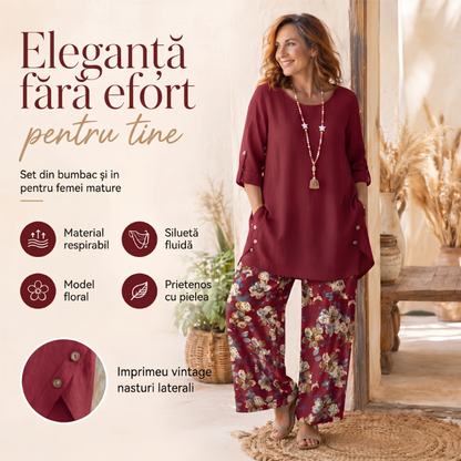💥Seturi noi din bumbac și in!🔥 — Bluză pentru femei din bumbac și in, cu design minimalist + pantaloni largi cu imprimeu floral elegant🌺🛍️