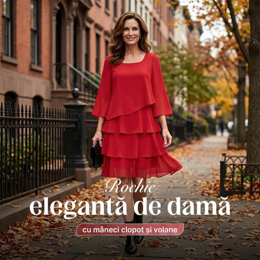 ✨ Rochie elegantă cu croi legat, volane fine și mâneci evazate pentru femei