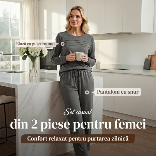 🔥Noua ta ținută preferată! 👗✨ Set pentru femei cu bluză cu guler rotund și pantaloni cu șnur 🛋️☕