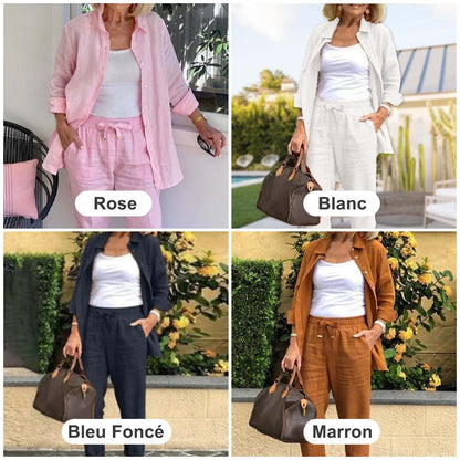 💫Bluză cu mânecă lungă din bumbac și lenjerie pentru femei și set de pantaloni