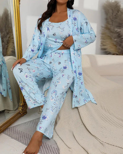 Set confortabil de pijamale din 3 piese – halat, camisol și pantaloni lungi