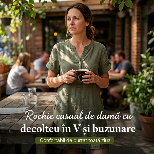 🍃☁️ Rochie lejeră și respirabilă pentru femei, cu decolteu în V și buzunare 😍