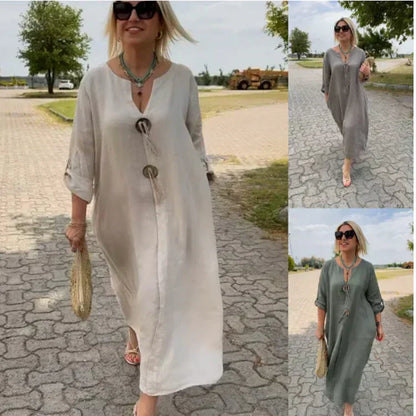 💖Rochie cu decolteu în V din bumbac și in