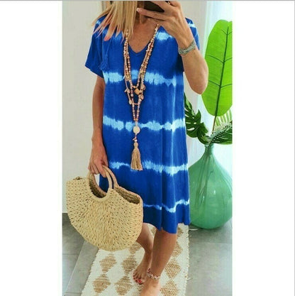 🔥🎁 Nyhet 50 % RABATT 🔥🔥 Tie-dye Randig Kortärmad Lös T-shirt Klänning – Sommarens mest avslappnade look ☀️