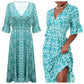 🌸 Rochie Lungă cu Print și Decolteu V, Talie Elastică cu Şniur, Feminină și Elegantă pentru Vară ✨