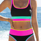 Set de bikini sportiv din nylon în trei piese, cu blocuri de culori – talie înaltă cu efect de slăbire a abdomenului 👙