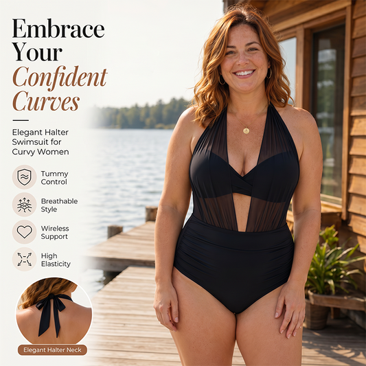 🌊 Costum de baie femei cu decolteu halter, modelator talie, material elastic confortabil pentru plajă