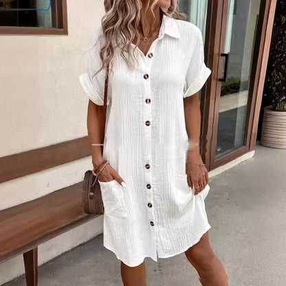 👗Rochie cămașă casual cu mânecă scurtă, cu nasturi, cu buzunar