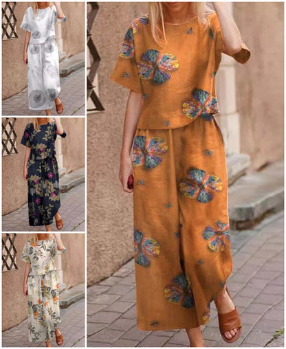 Set din două piese pentru femei: bluză largă cu imprimeu și pantaloni