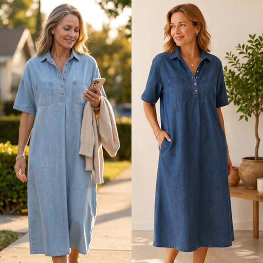 👗🌿 Rochie Midi din Denim cu Guler Tip Cămaşă & Buzunare – Croială Lejeră Slimming, 2 Culori, Mărimi S-3XL ✨💙