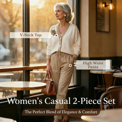 Set din 2 piese pentru femei: bluză casual cu decolteu în V și pantaloni cu talie înaltă