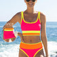 Set de bikini sportiv din nylon în trei piese, cu blocuri de culori – talie înaltă cu efect de slăbire a abdomenului 👙