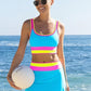 Set de bikini sportiv din nylon în trei piese, cu blocuri de culori – talie înaltă cu efect de slăbire a abdomenului 👙