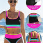 Set de bikini sportiv din nylon în trei piese, cu blocuri de culori – talie înaltă cu efect de slăbire a abdomenului 👙