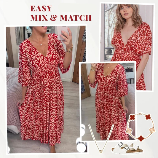 🌸 Rochie Lungă cu Print și Decolteu V, Talie Elastică cu Şniur, Feminină și Elegantă pentru Vară ✨