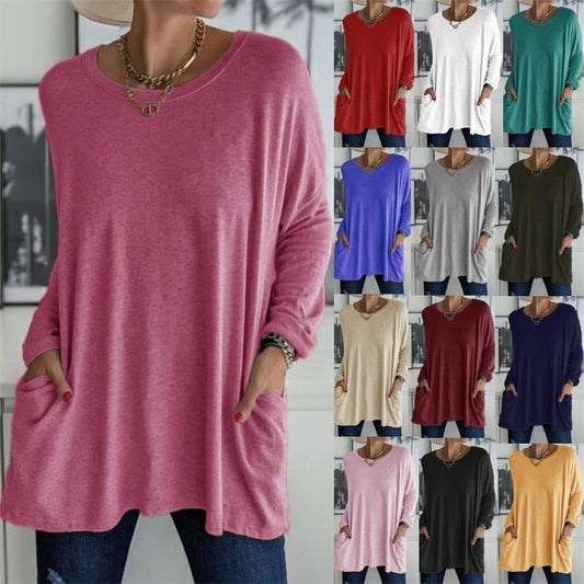 🎉2026 Hot Sale 49% OFF💞 Damer Rund hals Långärmad Löst sittande Fick-T-shirt