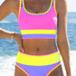 Set de bikini sportiv din nylon în trei piese, cu blocuri de culori – talie înaltă cu efect de slăbire a abdomenului 👙