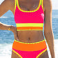 Set de bikini sportiv din nylon în trei piese, cu blocuri de culori – talie înaltă cu efect de slăbire a abdomenului 👙