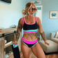 Set de bikini sportiv din nylon în trei piese, cu blocuri de culori – talie înaltă cu efect de slăbire a abdomenului 👙