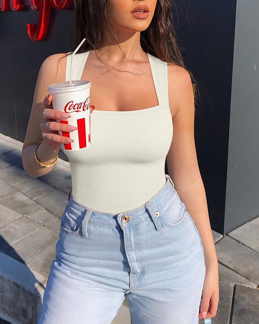 💟Body sexy cu nervuri, bretele, decolteu pătrat, fără mâneci și fără burtă, pentru controlul burticii🩱✨