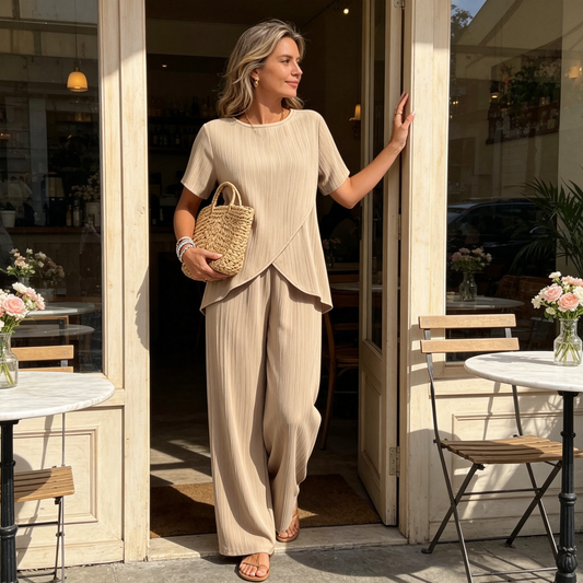 💃 Costum feminin bluză asimetrică + pantaloni largi, lejer și confortabil, stil elegant fără efort