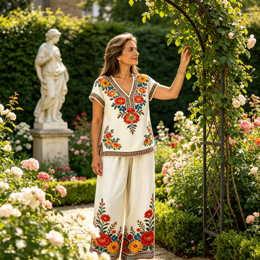 🌸Set din două piese pentru femei: bluză cu imprimeu și pantaloni