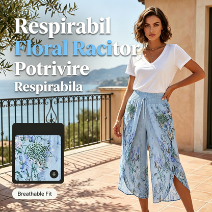 👖Pantaloni cu talie înaltă și picior larg, cu imprimeu floral pentru femei💐