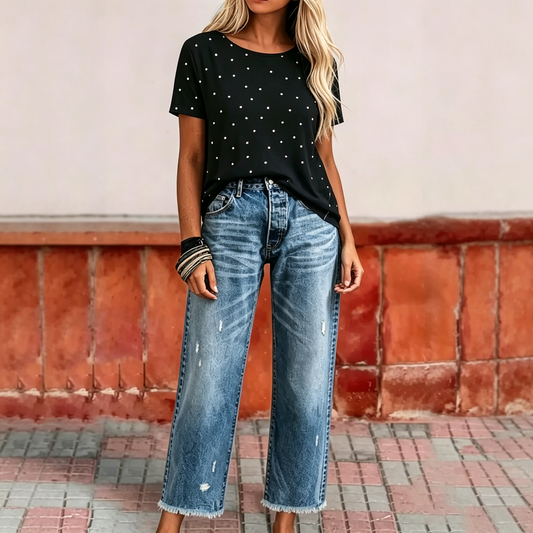 ✨ Bluză tunică casual femei cu buline și mâneci scurte confortabilă