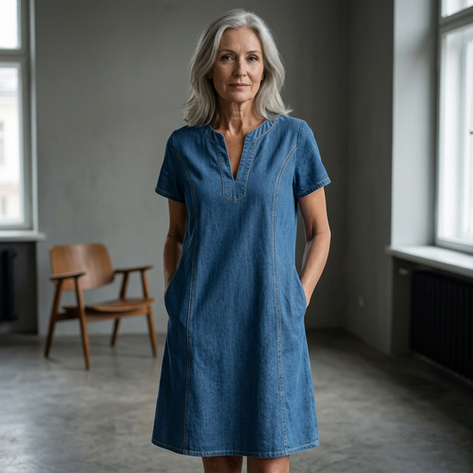 😍 Rochie din denim pentru femei, cu decolteu în V