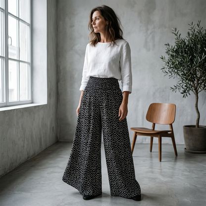 Pantaloni largi, cu talie înaltă, pentru femei – subțiază silueta, sunt comozi și eleganți