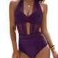 🌊 Costum de baie femei cu decolteu halter, modelator talie, material elastic confortabil pentru plajă