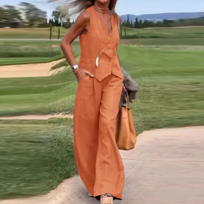 💝Reducere de 45%💝Set din două piese pentru femei cu bluză colorată cu nasturi și pantaloni largi
