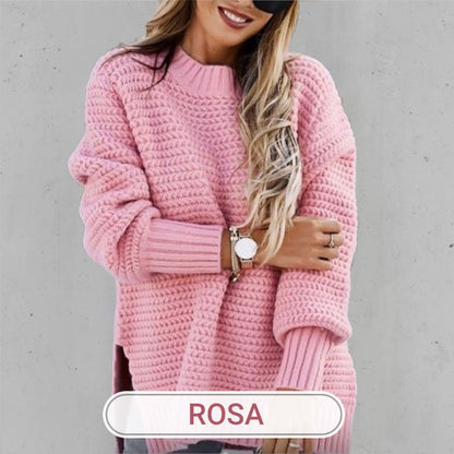 🌹 PULOVER SIMPLU TRICOTAT CU FANTĂ LATERALĂ ȘI DECOLTEU ROTUND