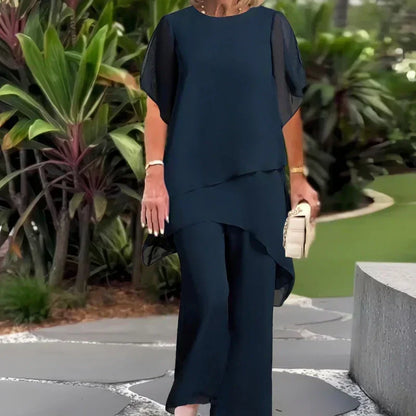 ✨Charmigt set med oregelbunden topp 👗 Elegant set med vida byxor – Bekväma och perfekta för våren