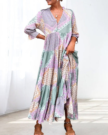 【M-3XL】🌈Rochie imprimată cu mâneci șapte sferturi