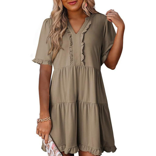 🌈Rochie casual pentru femei, cu guler în V, volane, croială A, lejeră, tip cămașă