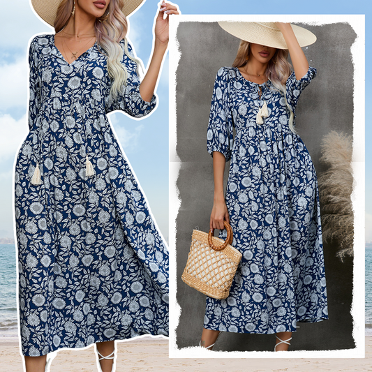🌸 Rochie lungă elegantă pentru femei cu imprimare florală și gât în V