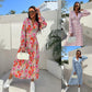 🌸 V-Neck butonul sus maneca lunga florale talie Cinching rochie