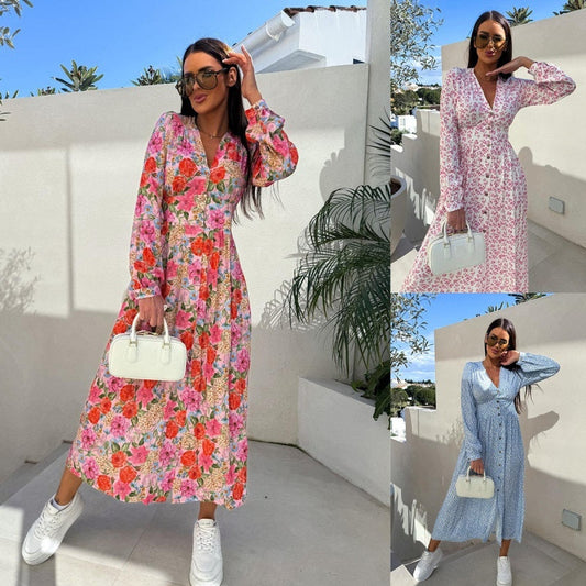 🌸 V-Neck butonul sus maneca lunga florale talie Cinching rochie