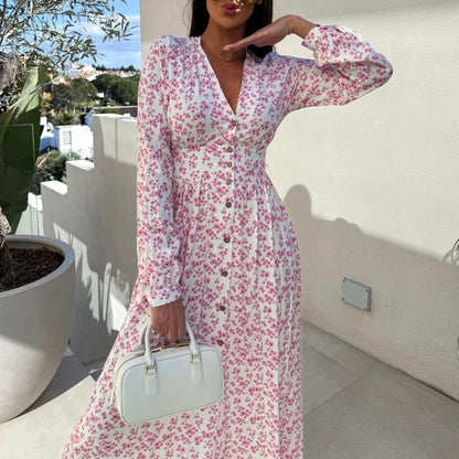 🌸 V-Neck butonul sus maneca lunga florale talie Cinching rochie