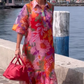 Rochie roșie din șifon cu imprimeu floral