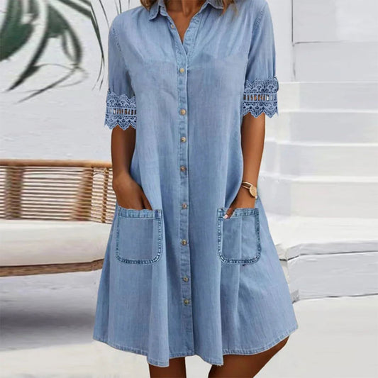 Rochie mini din denim albastră, simplă, cu guler și dantelă decorativă