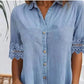 Rochie mini din denim albastră, simplă, cu guler și dantelă decorativă