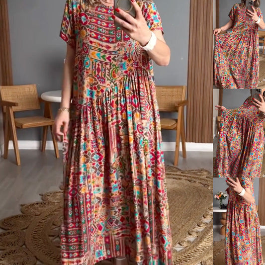 Femei Trendy imprimare vrac se potrivi scurt maneca Maxi rochie