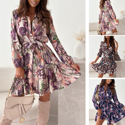 🌴Oferte speciale de vară🌴Model floral de talie-Cinching  Rochie cămașă cu volane
