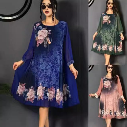 【S-4XL】🌺Femei florale imprimare rotund gât Mesh maneca rochie
